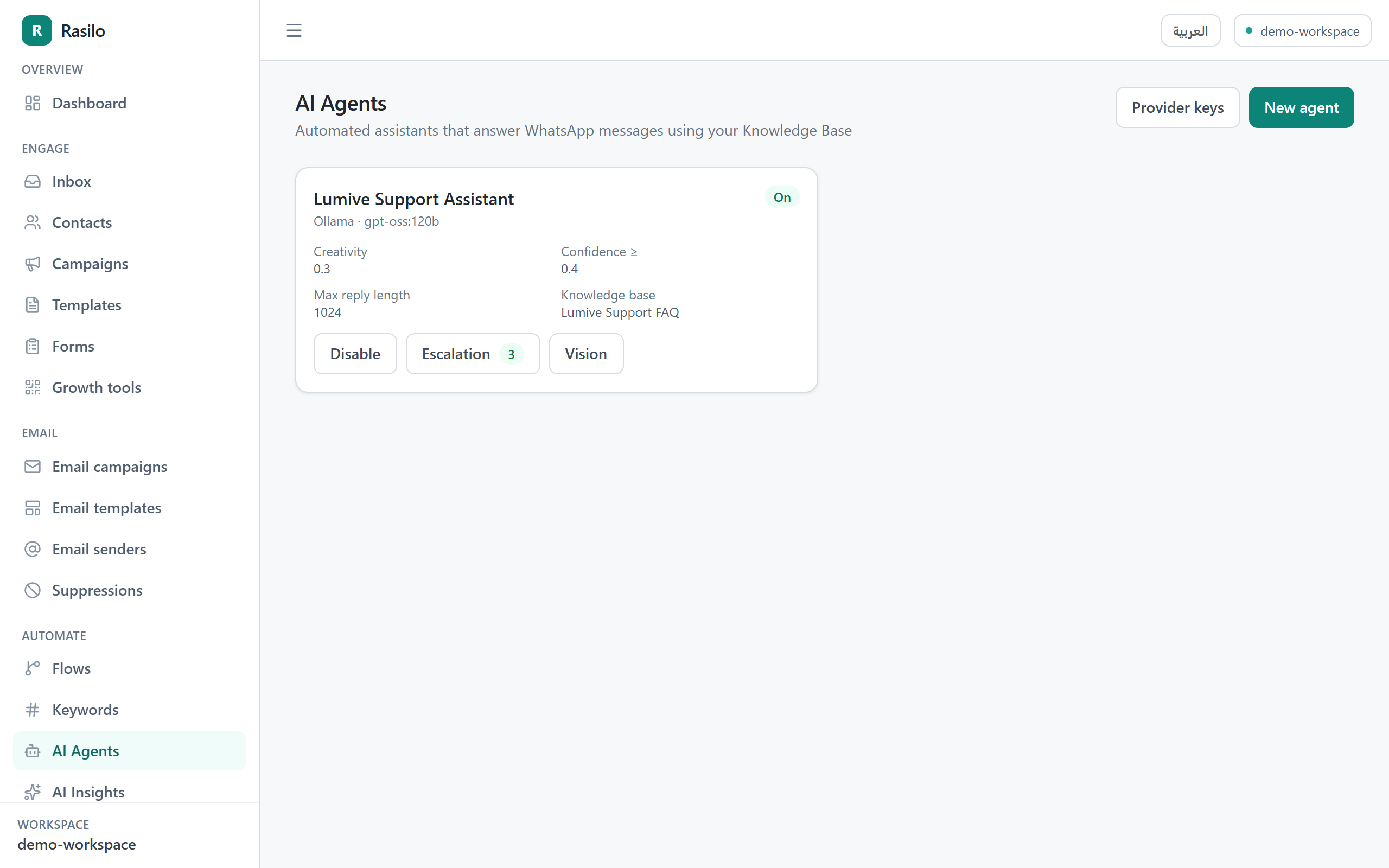 Rasilo AI agents page with a configured RAG agent